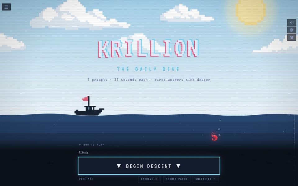 Krillion's how-it-works card: seven prompts, one answer each, scored by rarity, one dive a day.
